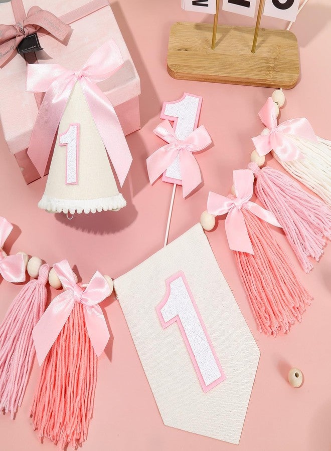 Lonfliness 3 Pcs Pink Bow 1st High Chair Banner Baby Girl First Birthday Party Decoration Set Pink Bow Cone Hat One High Chair Banner Cake Topper for Baby Shower Princess 1st Birthday Party Supplies - Image 3